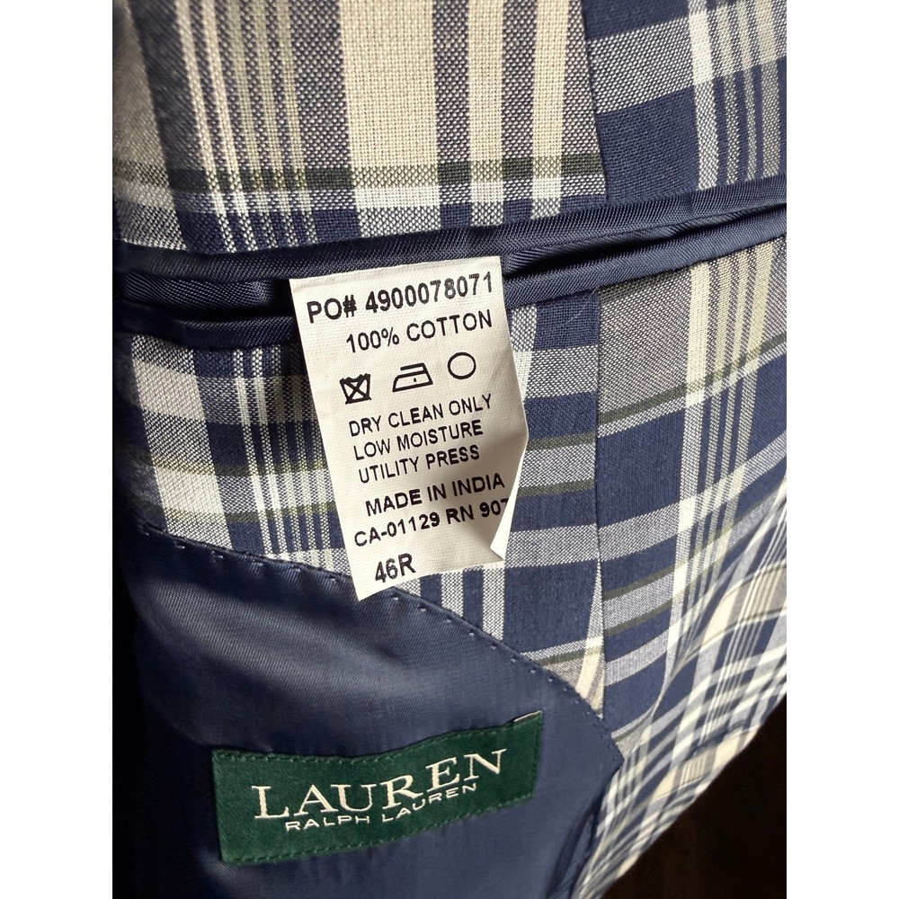 Lauren Ralph Lauren Mens 46R Plaid Blazer Navy White Cotton Sport Coat Jacket - Picture 4 of 11
